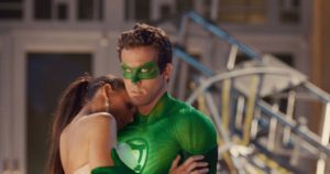 Screenshot from the film 'Green Lantern'. Ryan Reynolds as the Green Lantern and Blake Lively