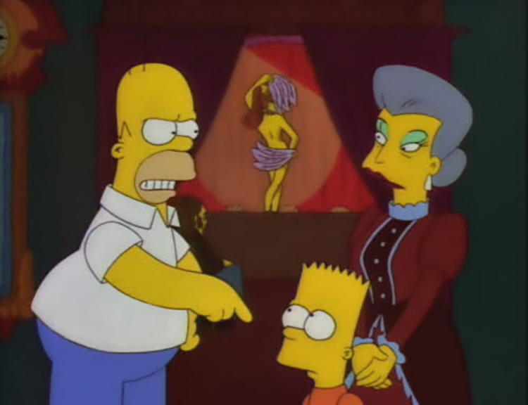 Homer, Bart, and Belle talking in Maison Derriere