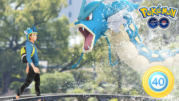 A Pokemon GO image showing a trainer wearing the exclusive Gyarados hat and encountering a wild Gyarados