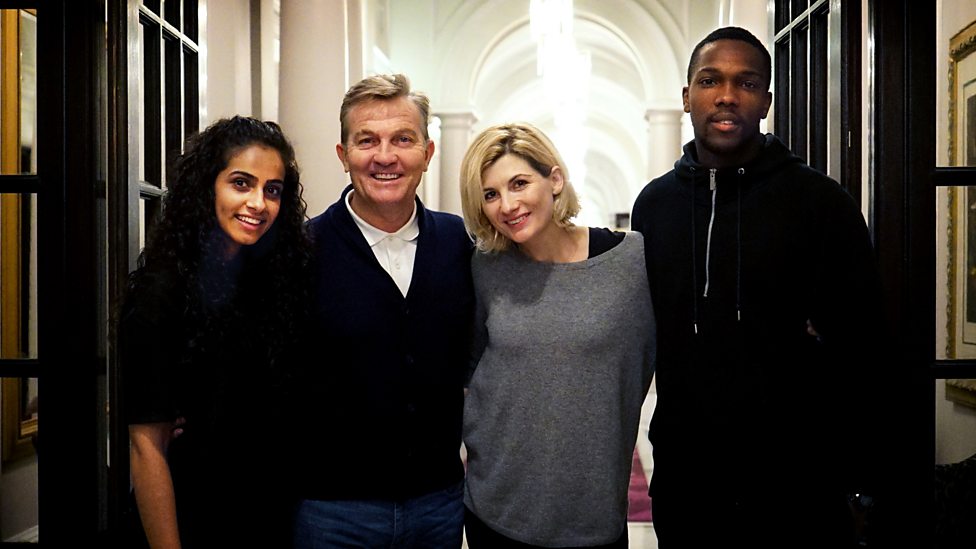 TARDIS FAM (from left to right: Mandip Gill, Bradley Walsh, Jodie Whittaker, and Tosin Cole