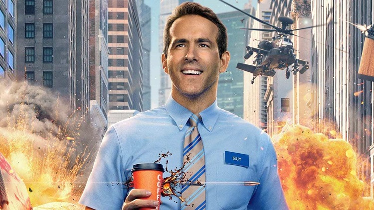 Ryan Reynolds stand in the Free Guy poster slice