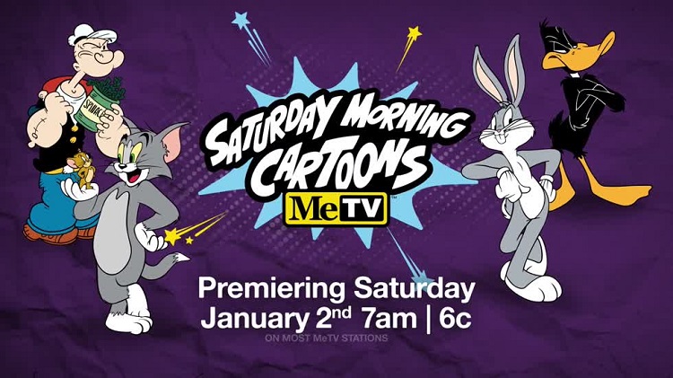 MeTV frame announcing their Saturday Morning Cartoons line up with Warner Brothers Popeye Tom and Jerry Looney Tunes Merry Melodies Bugs Bunny Daffy Duck
