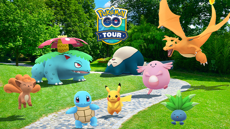 Promo image for the upcoming Pokemon Go Tour Kanto event showing Snorlax, Charizard, Blissey and others