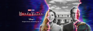 A promotional image for Marvel's upcoming Disney Plus series "Wandavision" featuring Wanda Maximoff and Vision