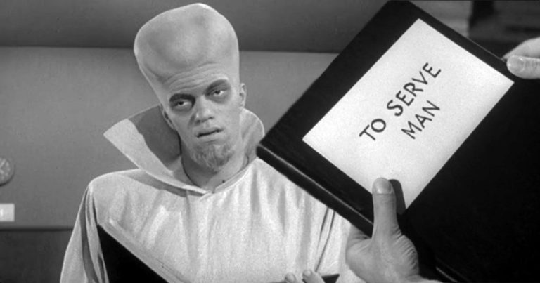 Screen shot of an alien and a book titled To Serve Man