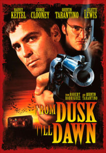 A promotional poster for the 1996 vampire film, From Dusk Till Dawn, featuring George Clooney and Quentin Tarantino
