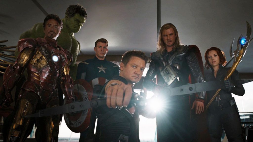 The Avengers: (l to r) Iron Man, The Hulk, Captain America, Hawkeye, Thor, Black Widow