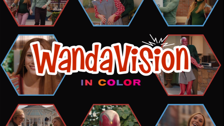 The title screen for the Disney+ show, WandaVision, featuring Elizabeth Olsen as Wanda and Paul Bettany as Vision