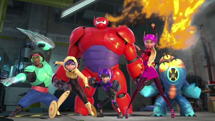 Big Hero 6 pose for a team shot in a still from the Disney film of the same name. The team consists of Wasabi, Go Go Tomago, Baymax, Hiro Hamada, Honey Lemon, and Fred.