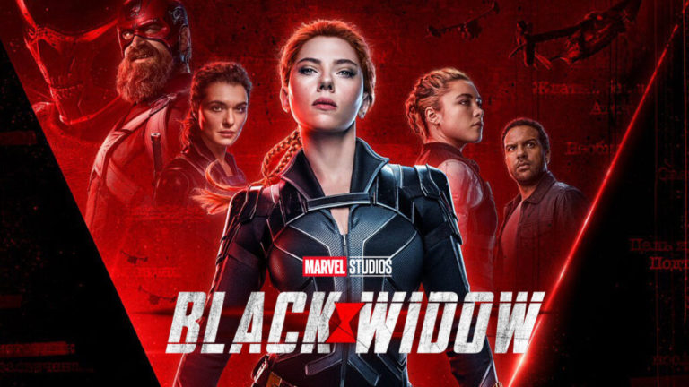 Promo image of Scarlett Johansson as Black widow heroically posing behind the film's title
