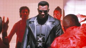 Blade (Wesley Snipes) squares off against a pack of blood-soaked vampires in a still from the movie, "Blade."