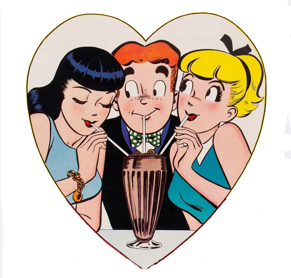 12 Couples In Geekdom: From the Archie comics, Veronica, Archie, and Betty sharing a milkshake 
