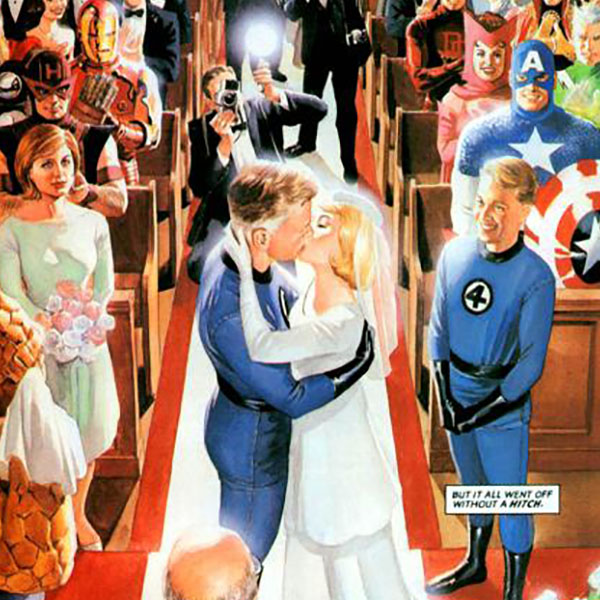 12 Couples In Geekdom : Mr Fantastic and the Invisible Woman kissing at their wedding. 