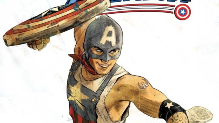 A slice of the promotional image showing off Aaron Fischer, the new gay Captain America. He wears a simplified Captain America outfit and carries the shield .