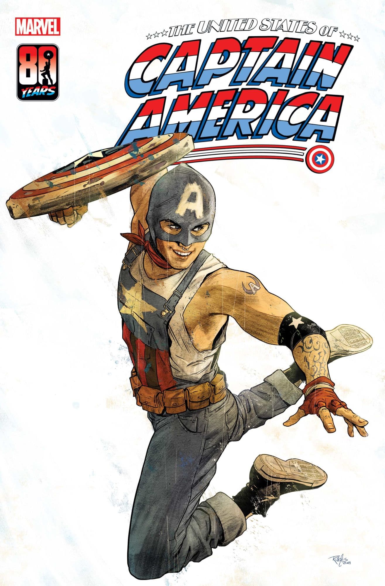 A promotional image showing off the comiccover of Aaron Fischer, the new gay Captain America. He wears a simplified Captain America outfit and carries the shield as he jumps in the air.
