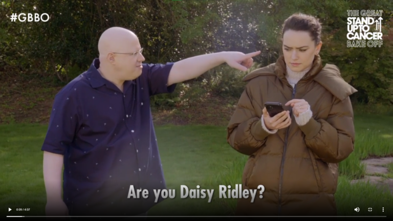 Mat Lucas points at Daisy Ridley on The Great Celebrity Bake Off.