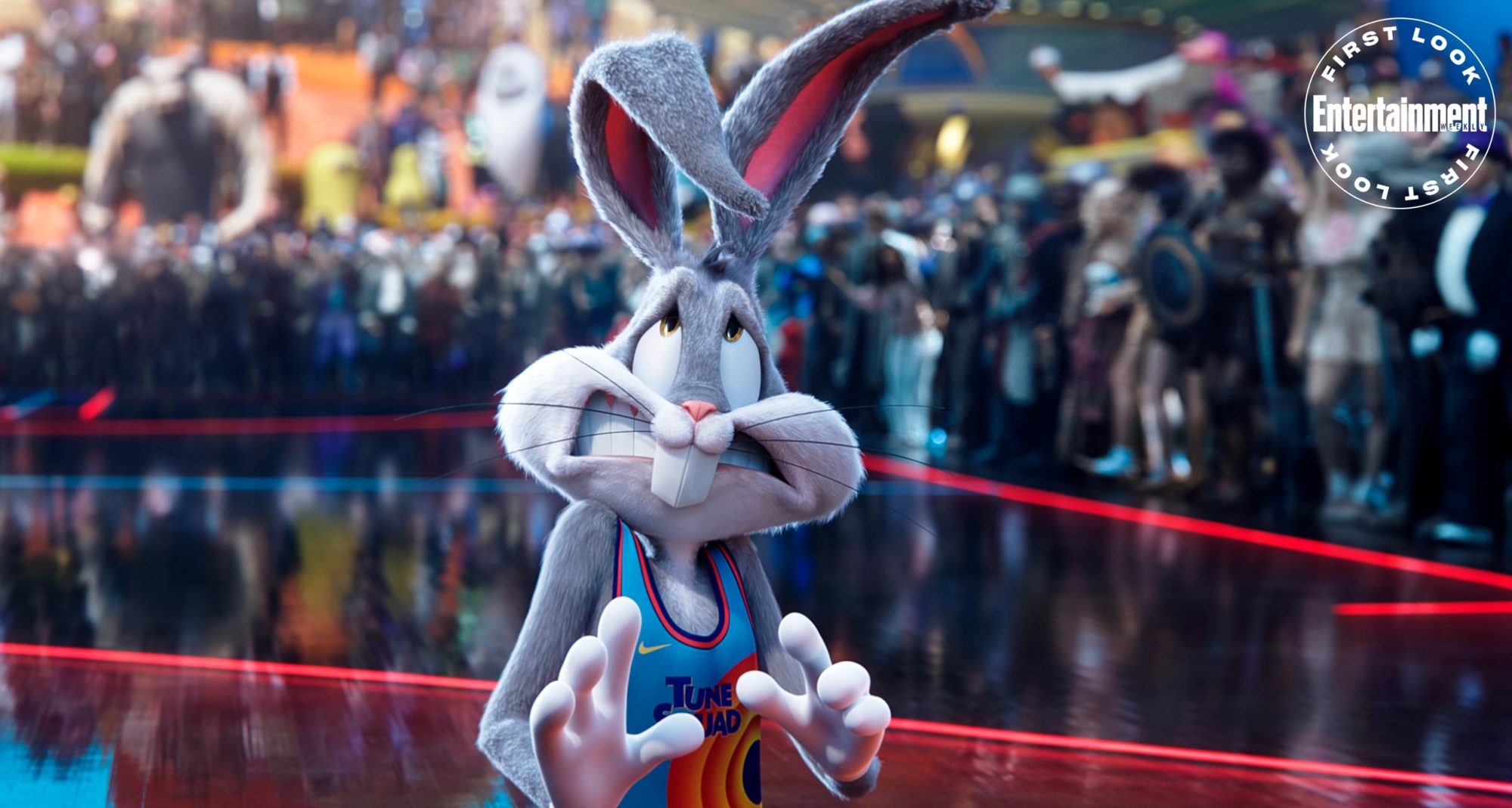 Space Jam: A New Legacy screenshot: Bugs Bunny surrounded by many cartoon characters