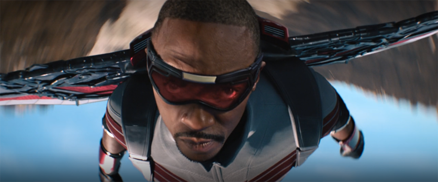 Falcon (Anthony Mackie) flies through the air in a still from the Disney+ show "The Falcon and the Winter Soldier."