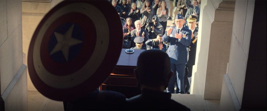 A new Captain America makes his debut in a still from the Disney+ show "The Falcon and the Winter Soldier."