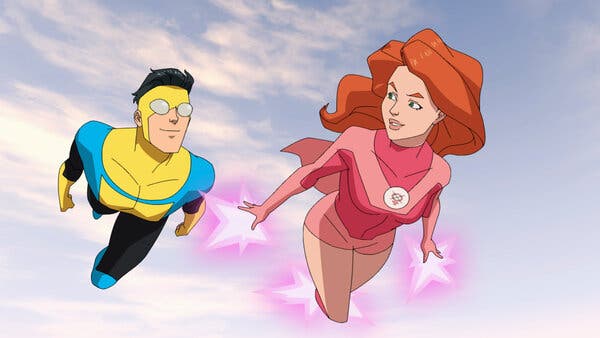 Mark Grayson, the superhero known as Invincible, flies alongside fellow superhero Atom Eve in a still from the Amazon Prime series "Invincible."