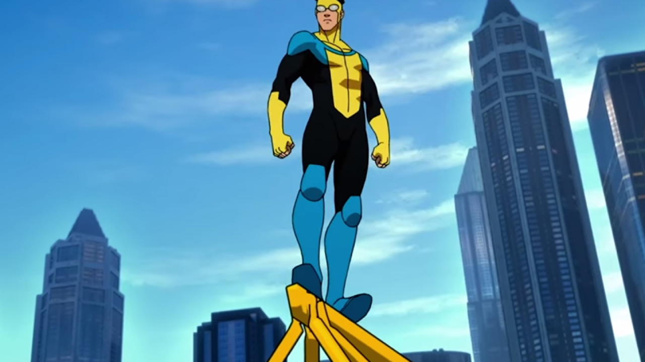Mark Grayson, the superhero known as Invincible, looks out over the city in a still from the Amazon Prime series "Invincible."