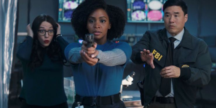 Kat Dennings, Teyonah Parris, and Randall Park as Darcy Lewis, Monica Rambeau, and Jimmy Woo in 'WandaVision'