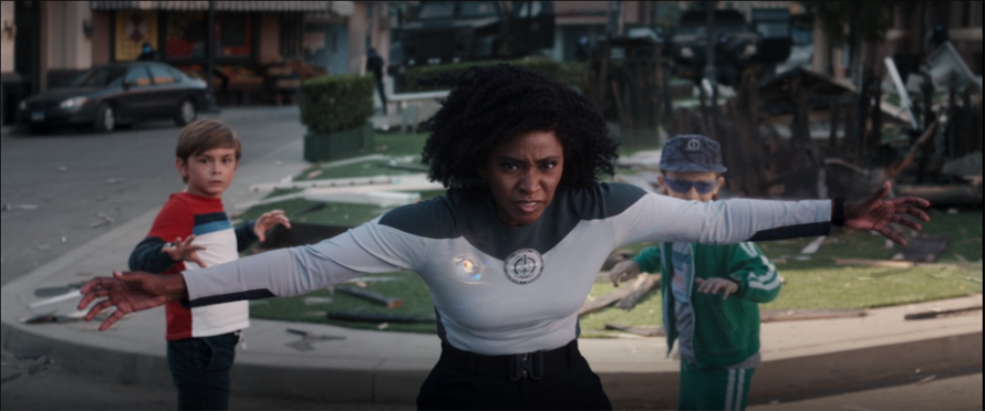 Monica (Teyonah Parris) stops bullets meant for Wanda's twins in a still from the Disney+ show "WandaVision."