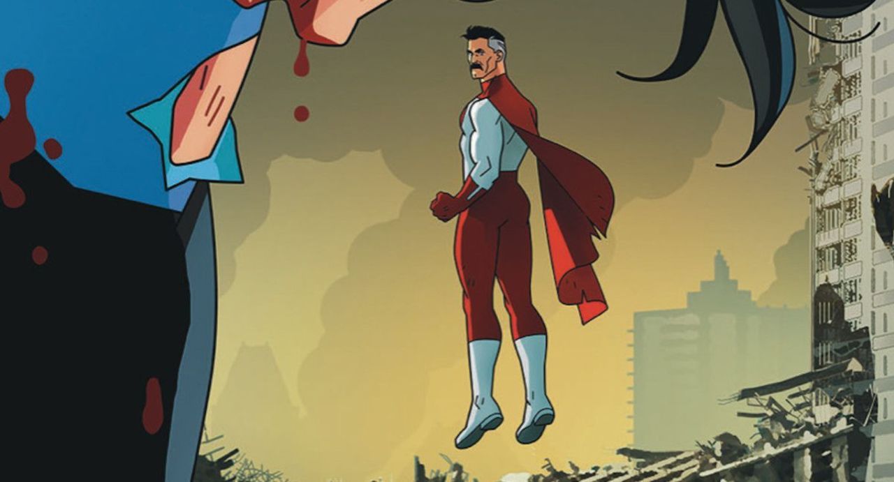 Omni-Man, the world's greatest superhero, looks back at a bleeding Invincible, who also happens to be his son Mark, in a still from the Amazon Prime series "Invincible."