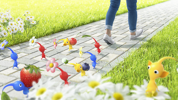 Red, blue, and yellow Pikmin gather plants and fruit as they chase after a Pokémon trainer in a promotional image from Niantic Labs to announce their next partnership with Nintendo.