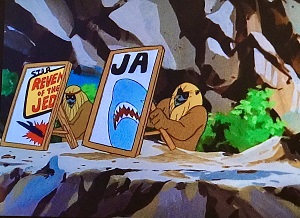 Ookla the Mok from Thundarr the Barbarian with Jaws and Revenge of the Jedi signs
