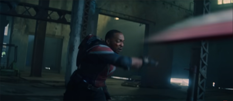The Falcon (Anthony Mackie) throws the Captain America shield in a still from the Disney+ show 