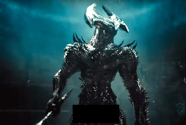 A shot from 'Zack Snyder's Justice League' showing Steppenwolf decked out in sharp, metallic armor with a black box covering his private area.
