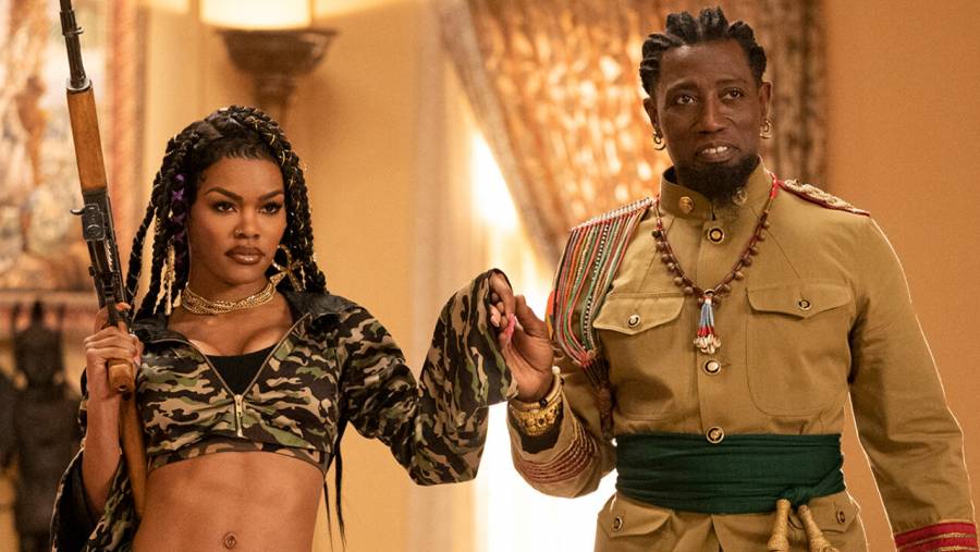 General Izzi (Wesley Snipes) introduces his daughter Bopoto (Teyana Taylor) in a still from the Amazon Studios film "Coming 2 America."
