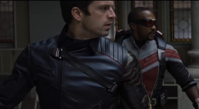 Anthony Mackie and Sebastian Stan as The Falcon And The Winter Soldier' as they ready for a right.