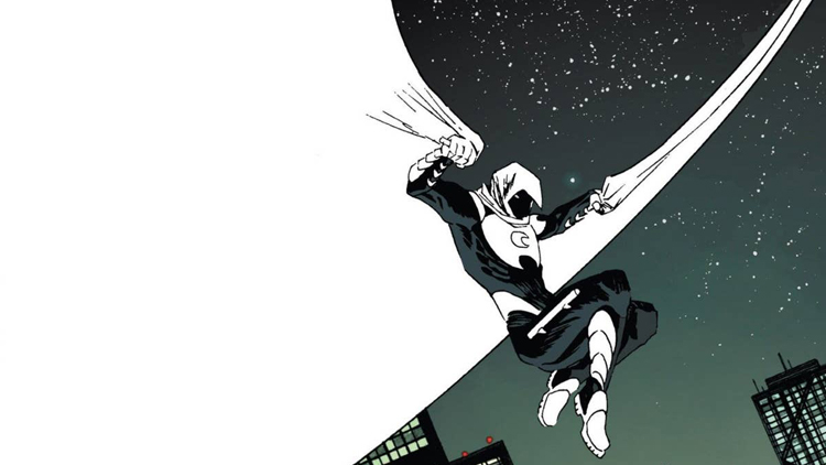 Moon Knight leaps into action, his white cape billowing behind him, in this dynamic artwork by Declan Shalvey for Marvel Comics.