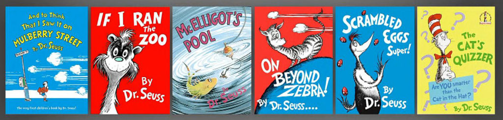 The six books retired by Dr. Seuss Enterprises on March 2, 2021. The books are "And to Think That I Saw It on Mulberry Street", "If I Ran the Zoo", "McElligot’s Pool", On Beyond Zebra!", "Scrambled Eggs Super!", and "The Cat’s Quizzer".