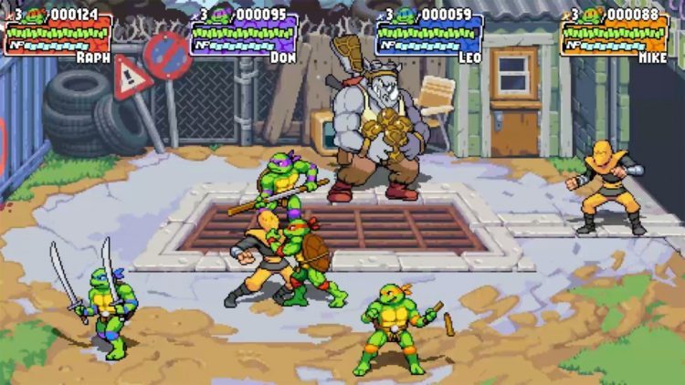 A screenshot for the upcoming TMNT video game, "Teenage Mutant Ninja Turtles: Shredder's Revenge" featuring all four turtles battling against the Foot Clan and Rocksteady.