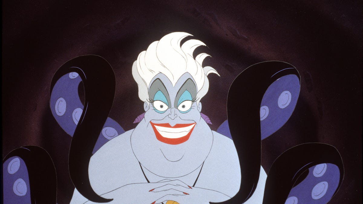 Ursula, the sea-witch, schemes deviously in a still from Disney's animated film The Little Mermaid.