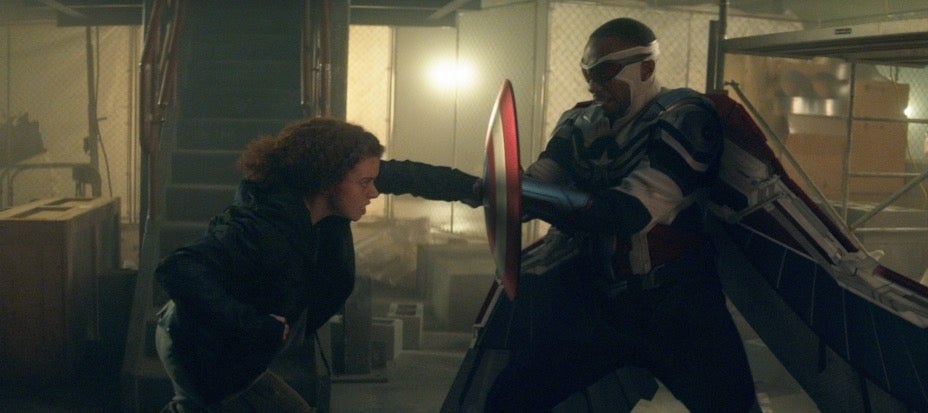Erin Kellyman as Karli Morgenthau fighting Anthony Mackie as Captain America in The Flacon and the Winter Soldier