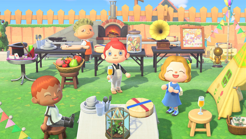Islanders gather around a table full of items, including a wheel of cheese to commemorate the sport of cheese rolling, in a screen capture from "Animal Crossing: New Horizons."
