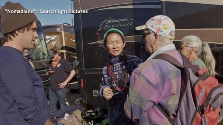 Chloe Zhao directing Nomadland, Best Picture Winner, 2021 Academy Awards