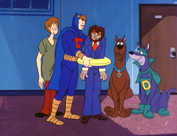 Shaggy, Blue Falcon, Mr. Hyde, Scooby-Doo, and Dynomutt
