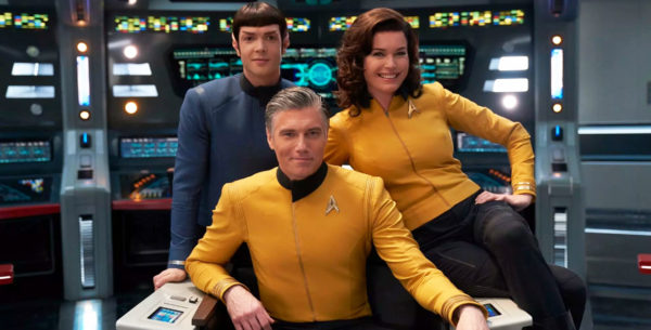 Ethan Peck as Mr. Spock, Anson Mount as Captain Christopher Pike, Rebecca Romijn as Number One from Star Trek: Discovery