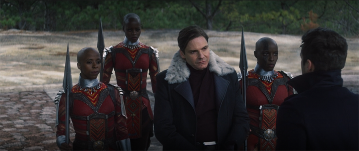 Bucky (Sebastian Stan) hands Zemo (Daniel Brühl) over to the Dora Milaje in a still from the Disney+ series "The Falcon and the Winter Soldier."