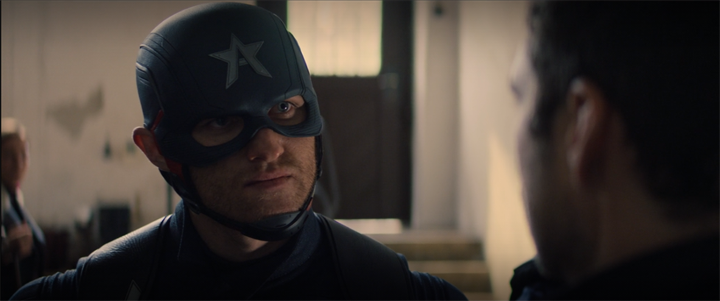 Captain America (Wyatt Russell) defiantly stares down Bucky (Sebastian Stan) in a still from "The Falcon and the Winter Soldier" on Disney+.