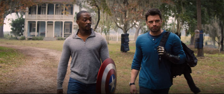 Sam (Anthony Mackie) and Bucky (Sebastian Stan) put their differences to rest in a still from the Disney+ series "The Falcon and the Winter Soldier."