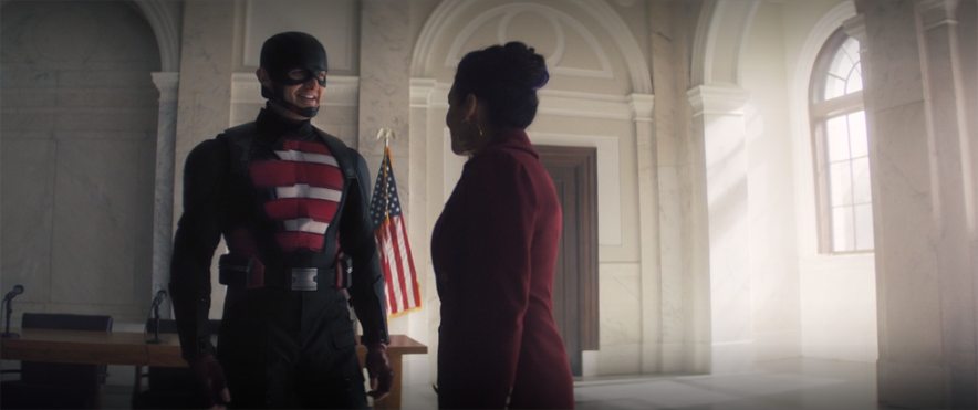Valentina (Julia Louis-Dreyfus) dubs John Walker (Wyatt Russell) U.S. Agent in a still from the Disney+ series "The Falcon and the Winter Soldier."