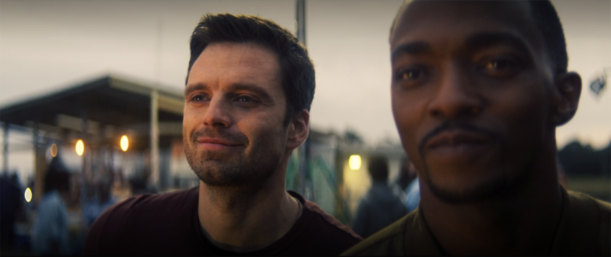Bucky (Sebastian Stan) and Sam (Anthony Mackie) finally recognize their friendship in a still from the Disney+ series "The Falcon and the Winter Soldier."