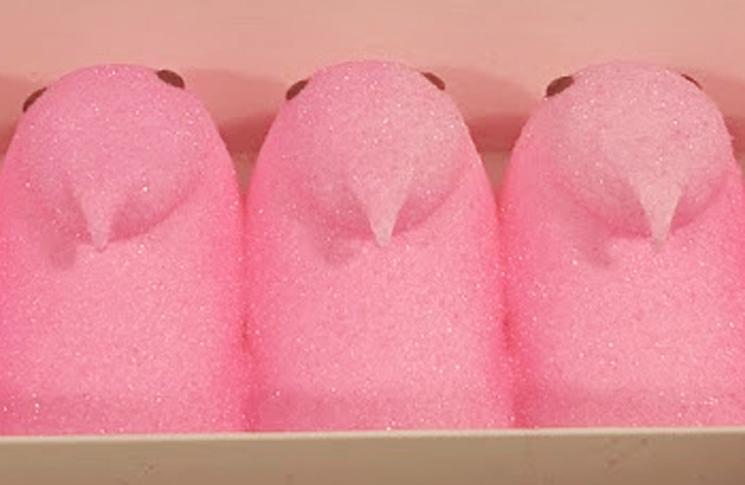 A photo of colorful pink Peeps in their package.