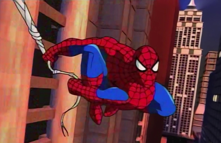 Spider-Man swings through a computer-generated city in a still from the 1994 cartoon 